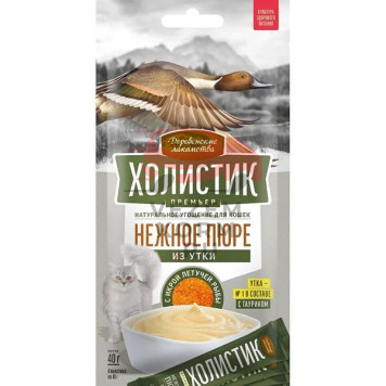 Лакомство для кошек Деревенские лакомства Холистик Премьер Нежное пюре из утки с икрой летучей рыбы-0